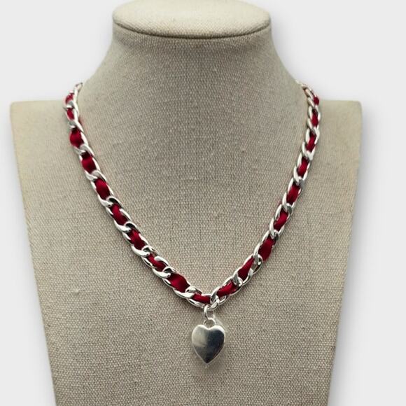 Charter Club Red Ribbon Chain Heart Pendant Necklace NWT Silver Tone - Picture 1 of 8